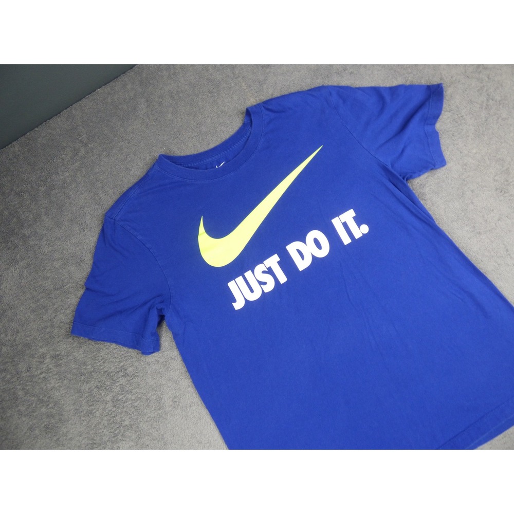Nike Just Do It Graphic Tee Mens Medium Blue Yellow Swoosh Short Sleeve T-Shirt